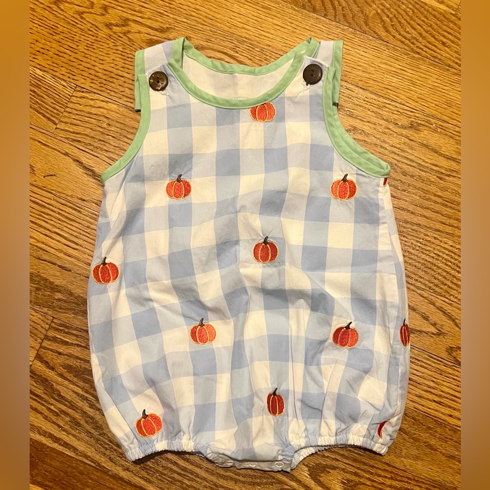 Blue and White Checkered Kids One Piece with Pumpkin Design